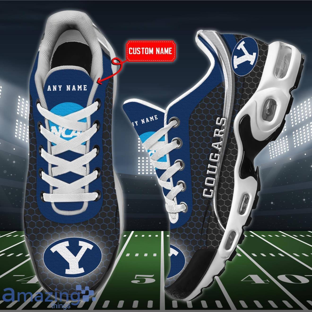 Personalized BYU Cougars Team Logo Hexagon Pattern Team Color TN Air Max Shoes Air Cushion Sneakers