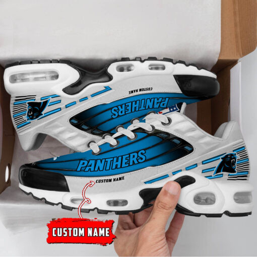 Personalized Carolina Panthers Black And Team Color Stripes White TN Air Max Shoes Air Cushion Sneakers