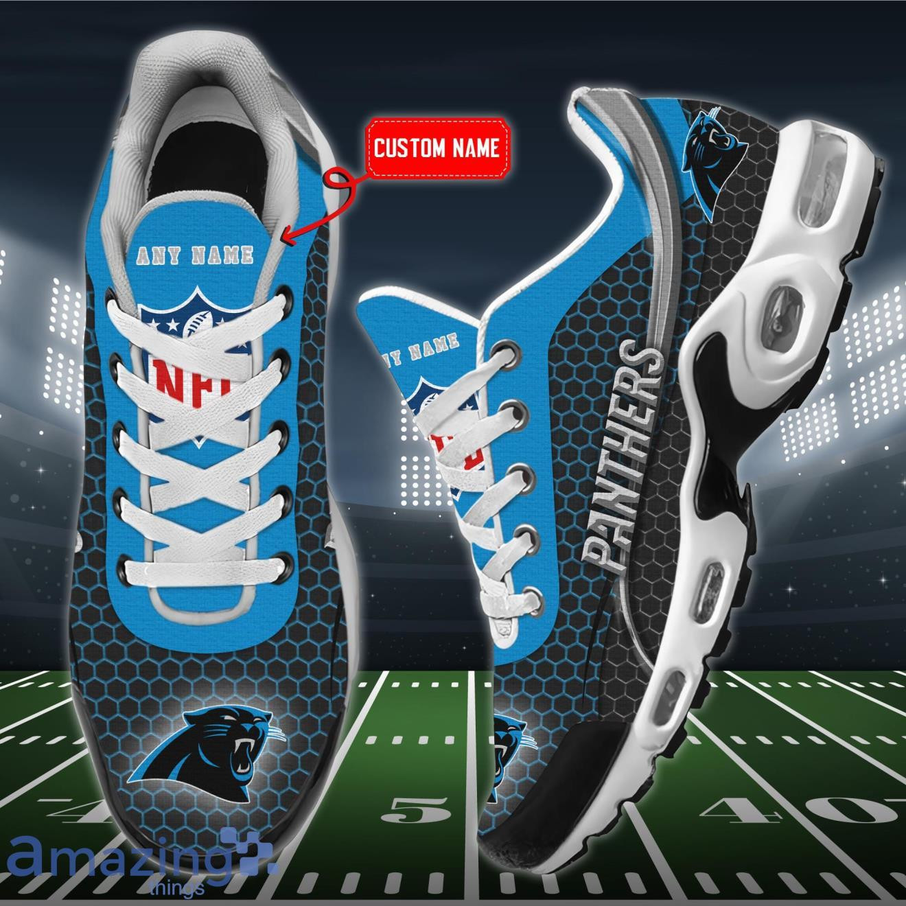 Personalized Carolina Panthers Team Logo Hexagon Pattern Team Color TN Shoes Air Cushion Sneakers