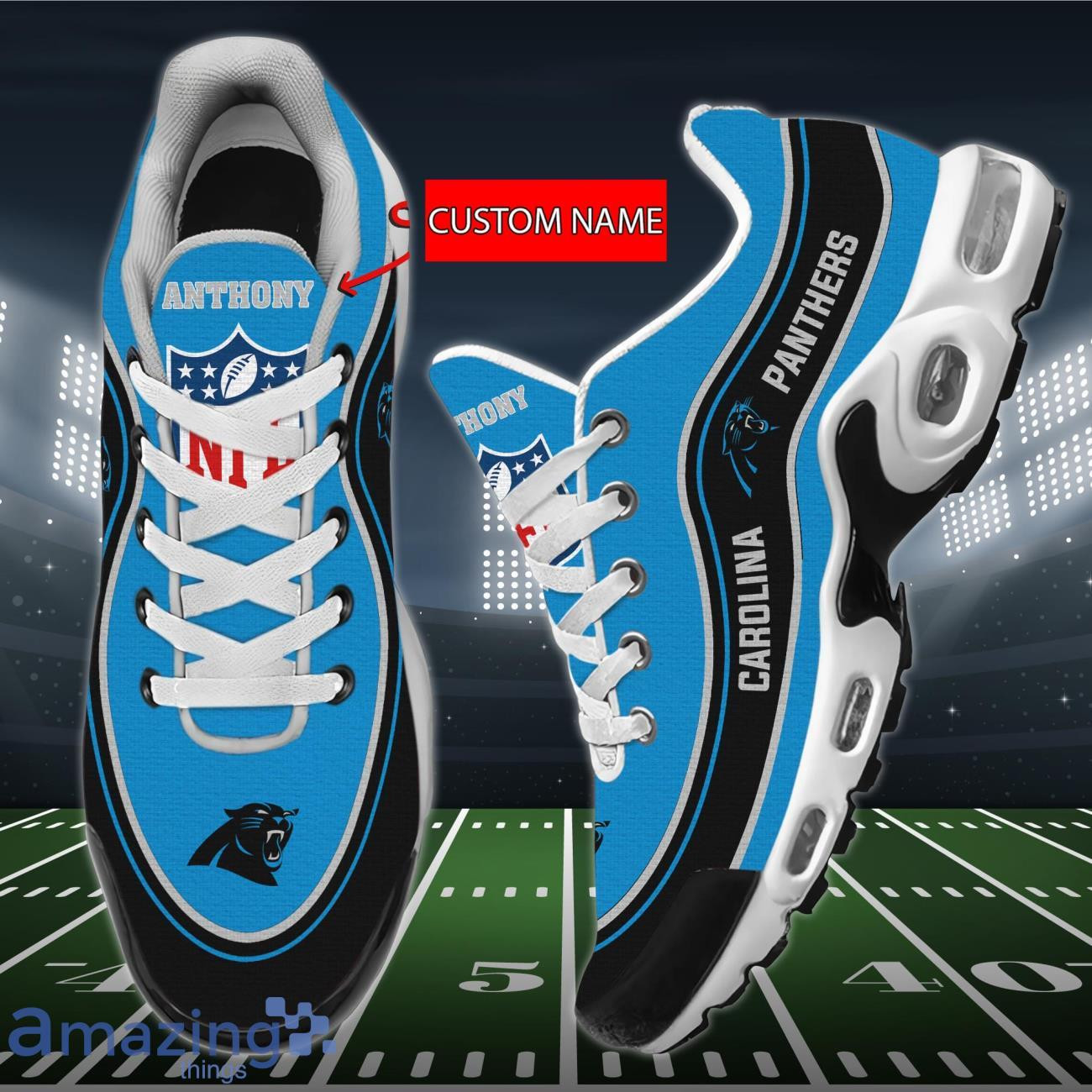 Personalized Carolina Panthers Team Logo Team Name On Black TN Air Max Shoes Air Cushion Sneakers