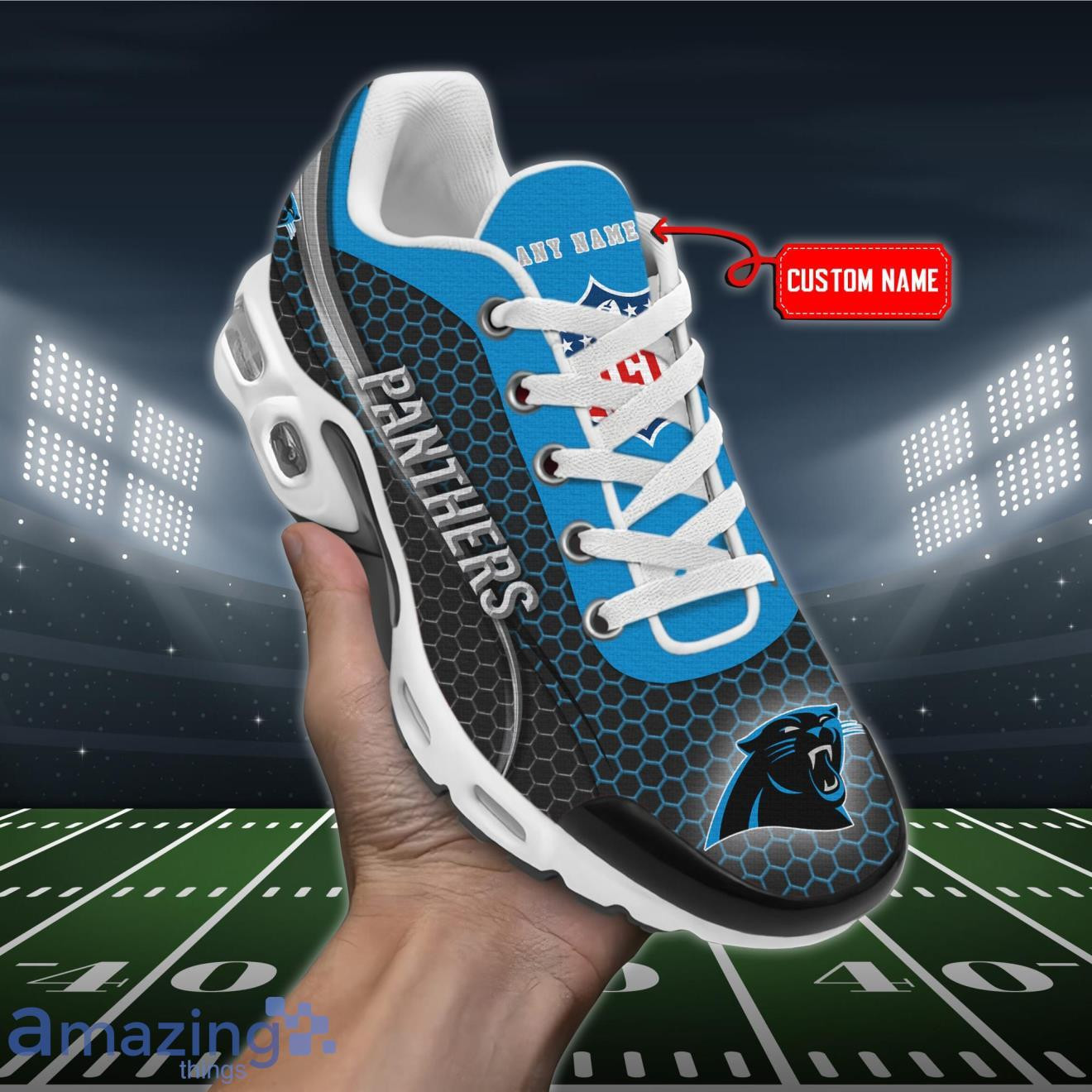 Personalized Carolina PanthersTeam Logo Hexagon Pattern Team Color TN Air Max Shoes Air Cushion Sneakers