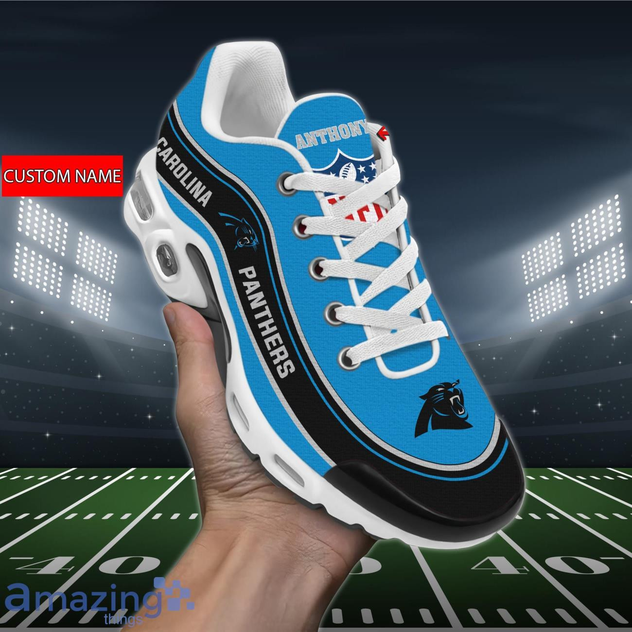 personalized carolina panthersteam logo team name on black tn air max shoes air cushion sneakers 8408 ro78c