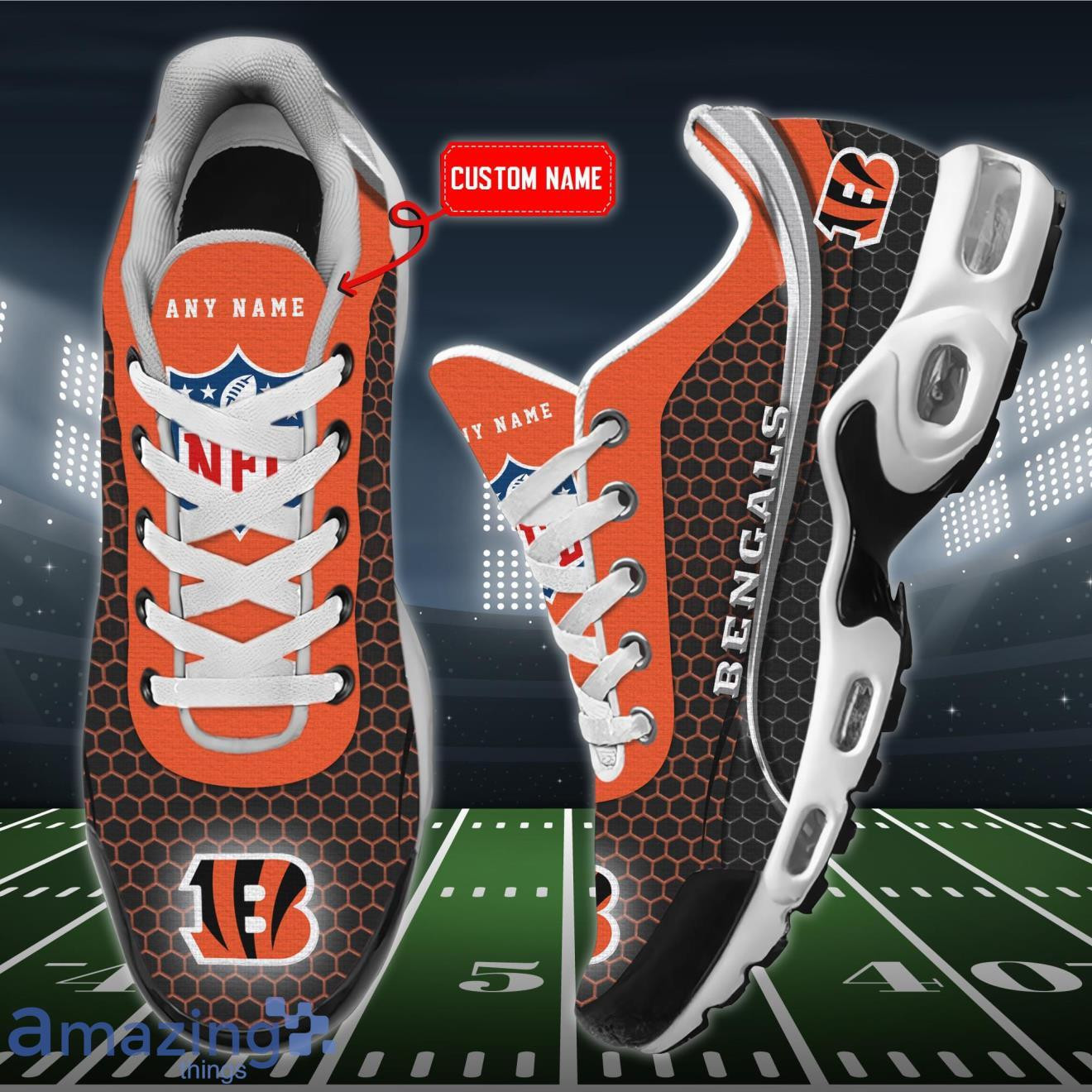 Personalized Cincinnati Bengals Team Logo Hexagon Pattern Team Color TN Shoes Air Cushion Sneakers