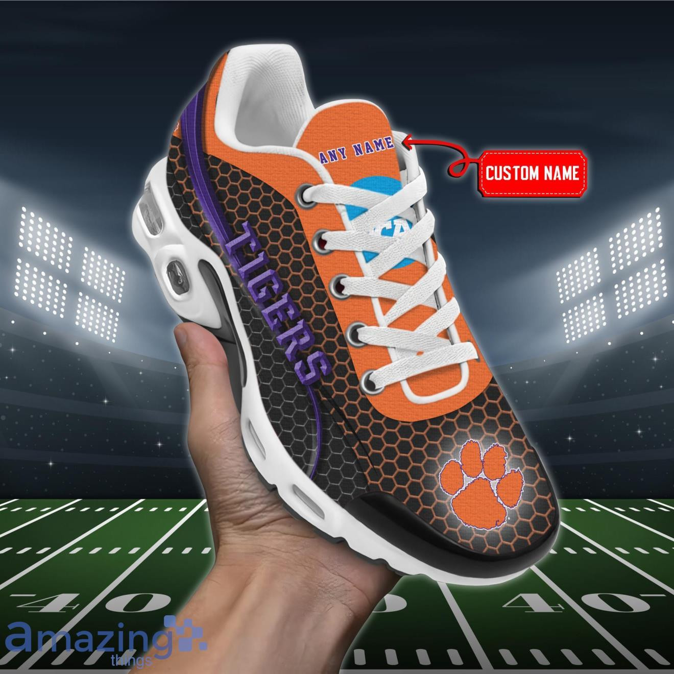 Personalized Clemson Tigers Team Logo Hexagon Pattern Team Color TN Air Max Shoes Air Cushion Sneakers