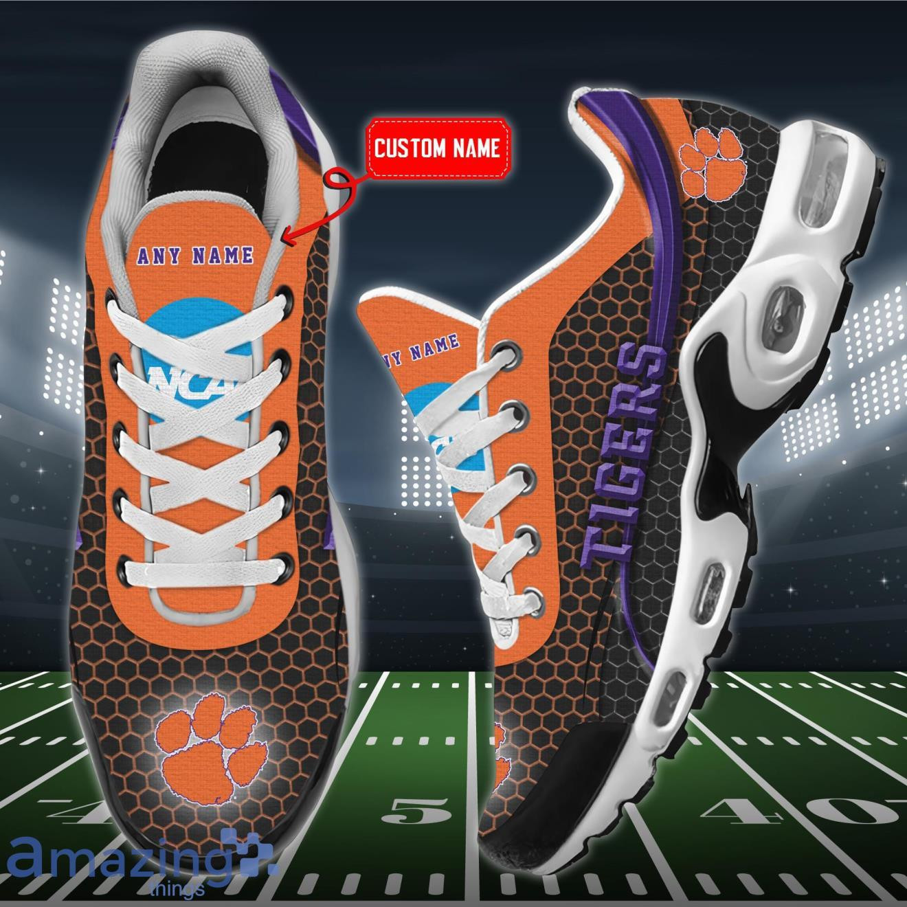 Personalized Clemson Tigers Team Logo Hexagon Pattern Team Color TN Shoes Air Cushion Sneakers