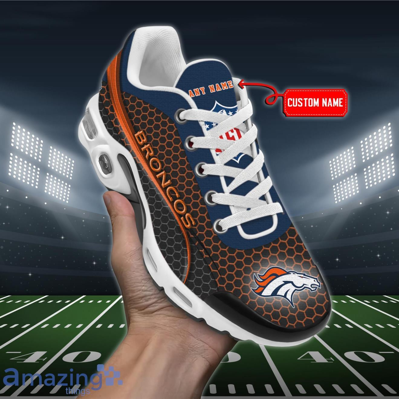 Personalized Denver BroncosTeam Logo Hexagon Pattern Team Color TN Air Max Shoes Air Cushion Sneakers