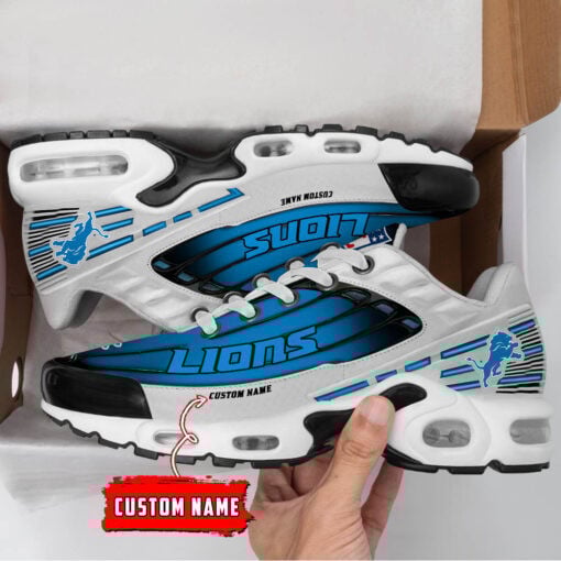 Personalized Detroit Lions Black And Team Color Stripes White TN Shoes Air Cushion Sneakers