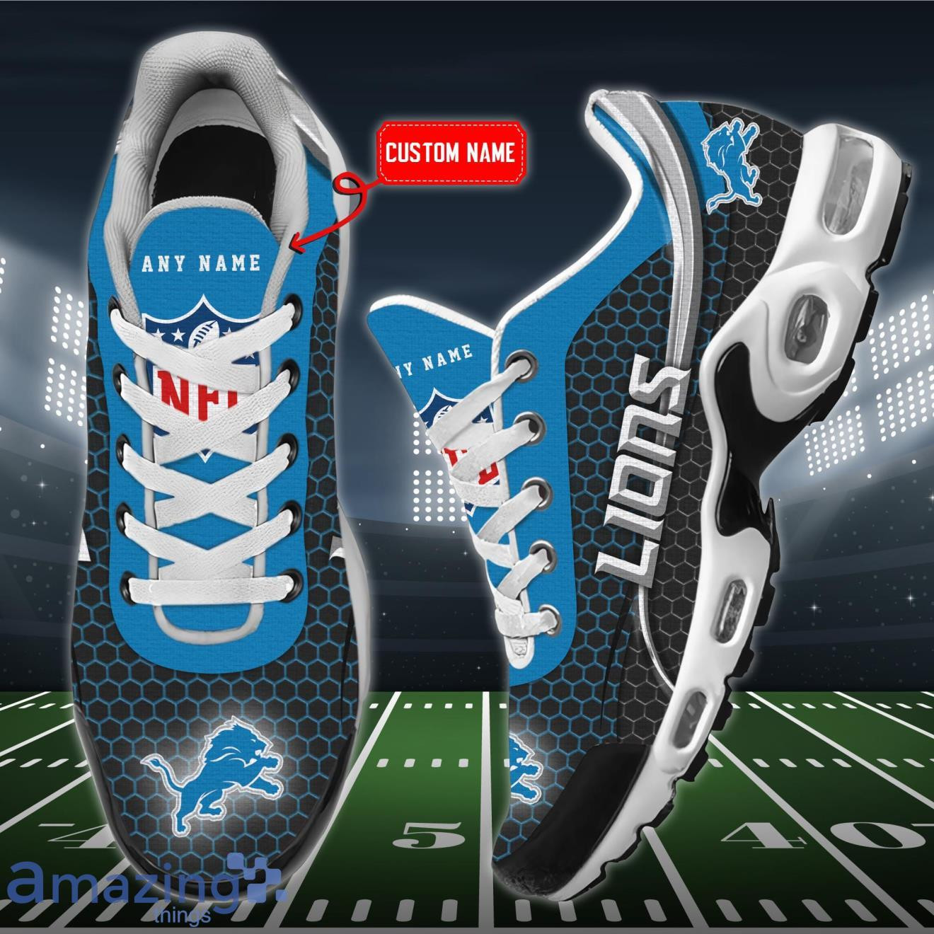 Personalized Detroit Lions Team Logo Hexagon Pattern Team Color TN Air Max Shoes Air Cushion Sneakers