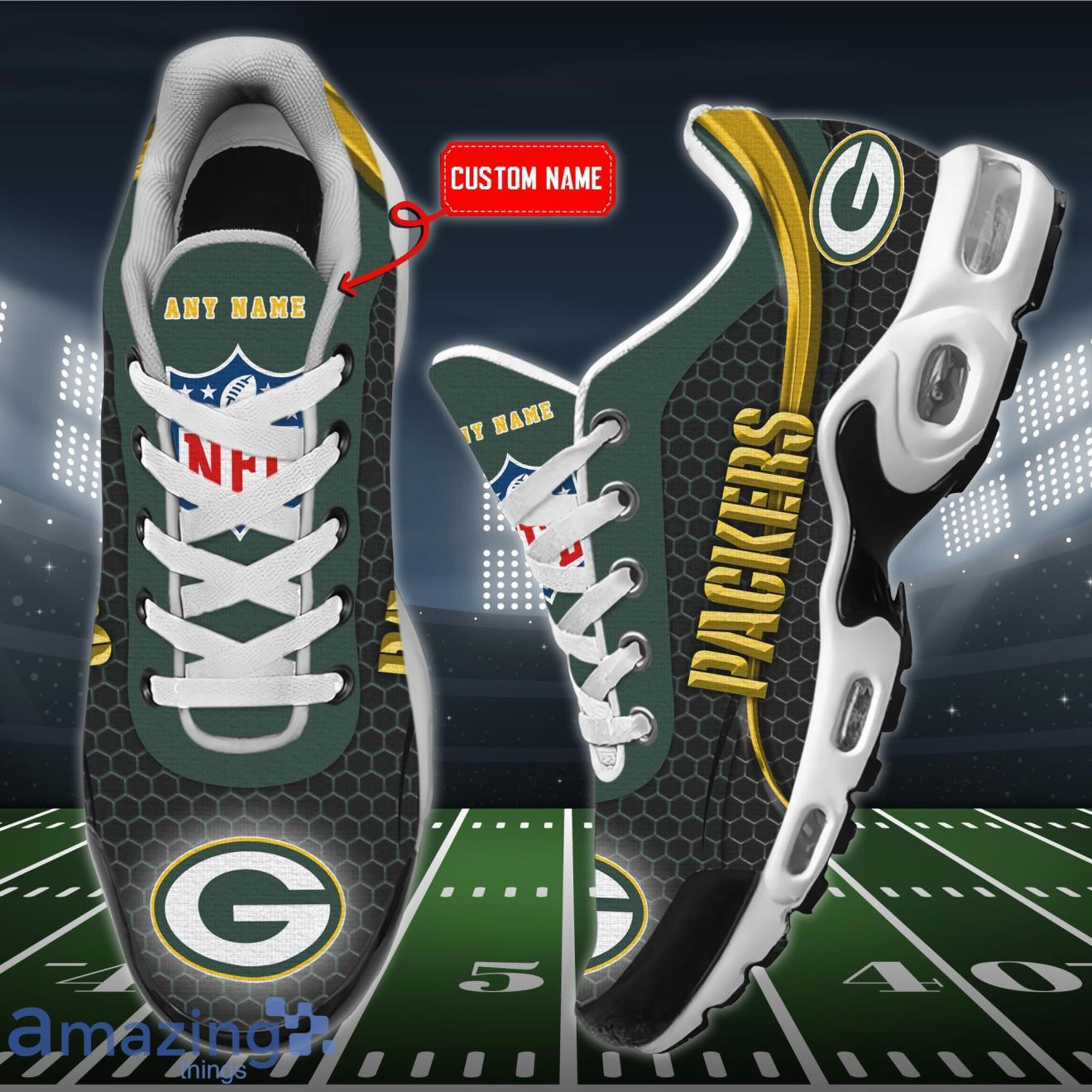 Personalized Green Bay Packers Team Logo Hexagon Pattern Team Color TN Air Max Shoes Air Cushion Sneakers