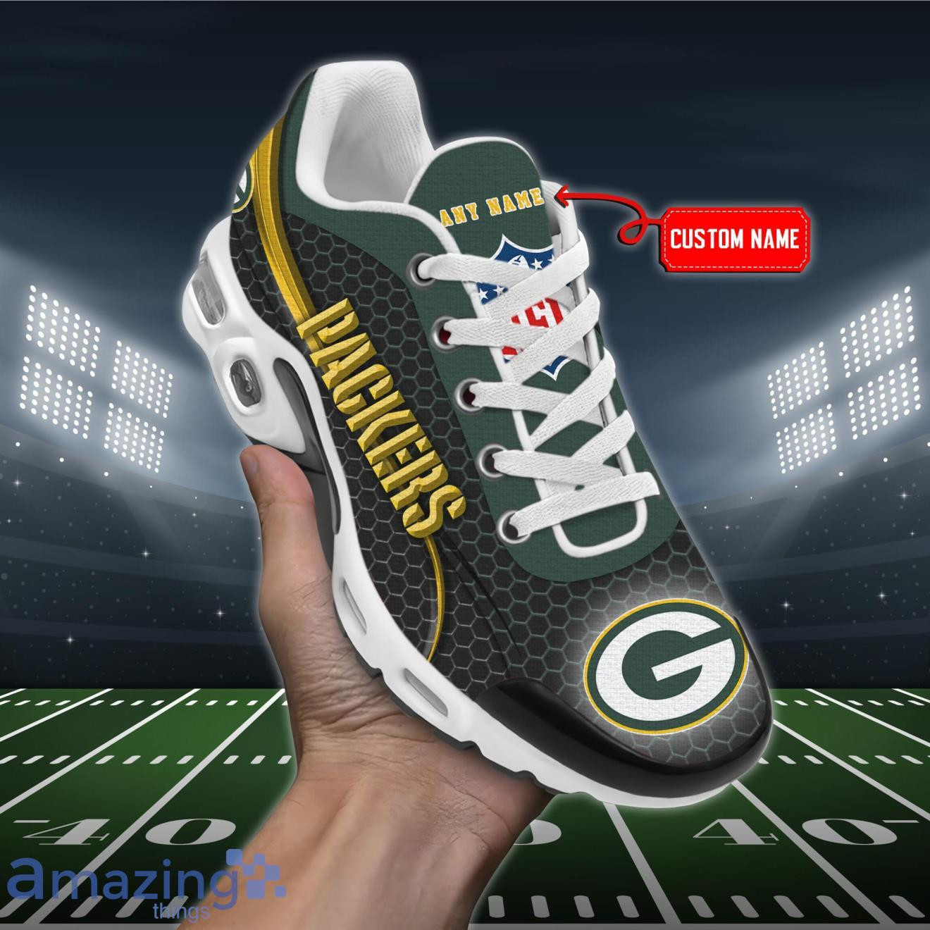 personalized green bay packersteam logo hexagon pattern team color tn air max shoes air cushion sneakers 4090 p6h0f