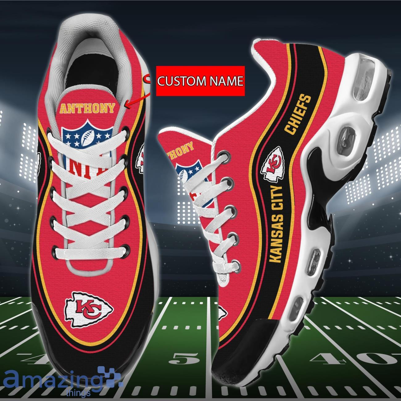 Personalized Kansas City Chiefs Team Logo Team Name On Black TN Air Max Shoes Air Cushion Sneakers