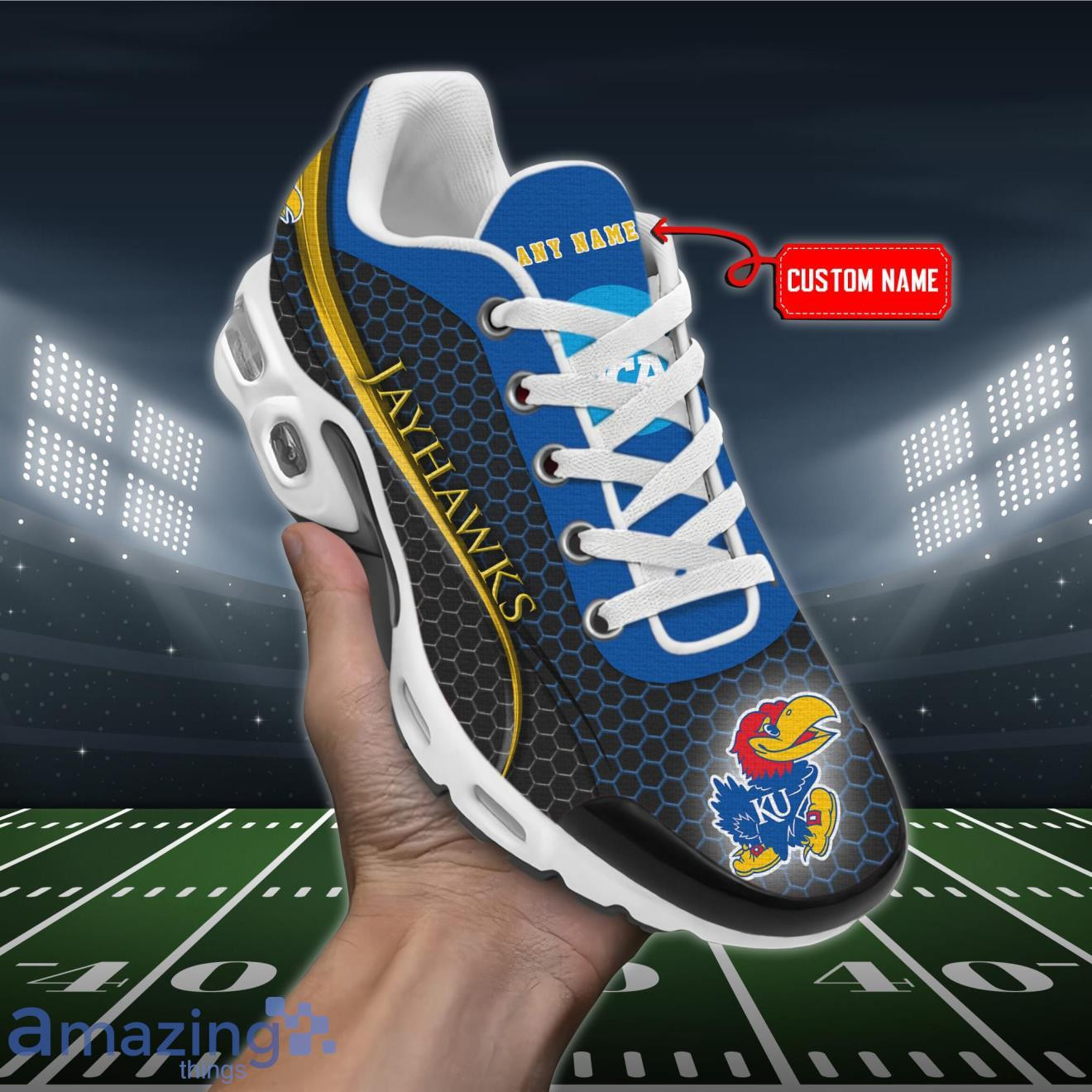 personalized kansas jayhawks team logo hexagon pattern team color tn air max shoes air cushion sneakers 3534 mfho3