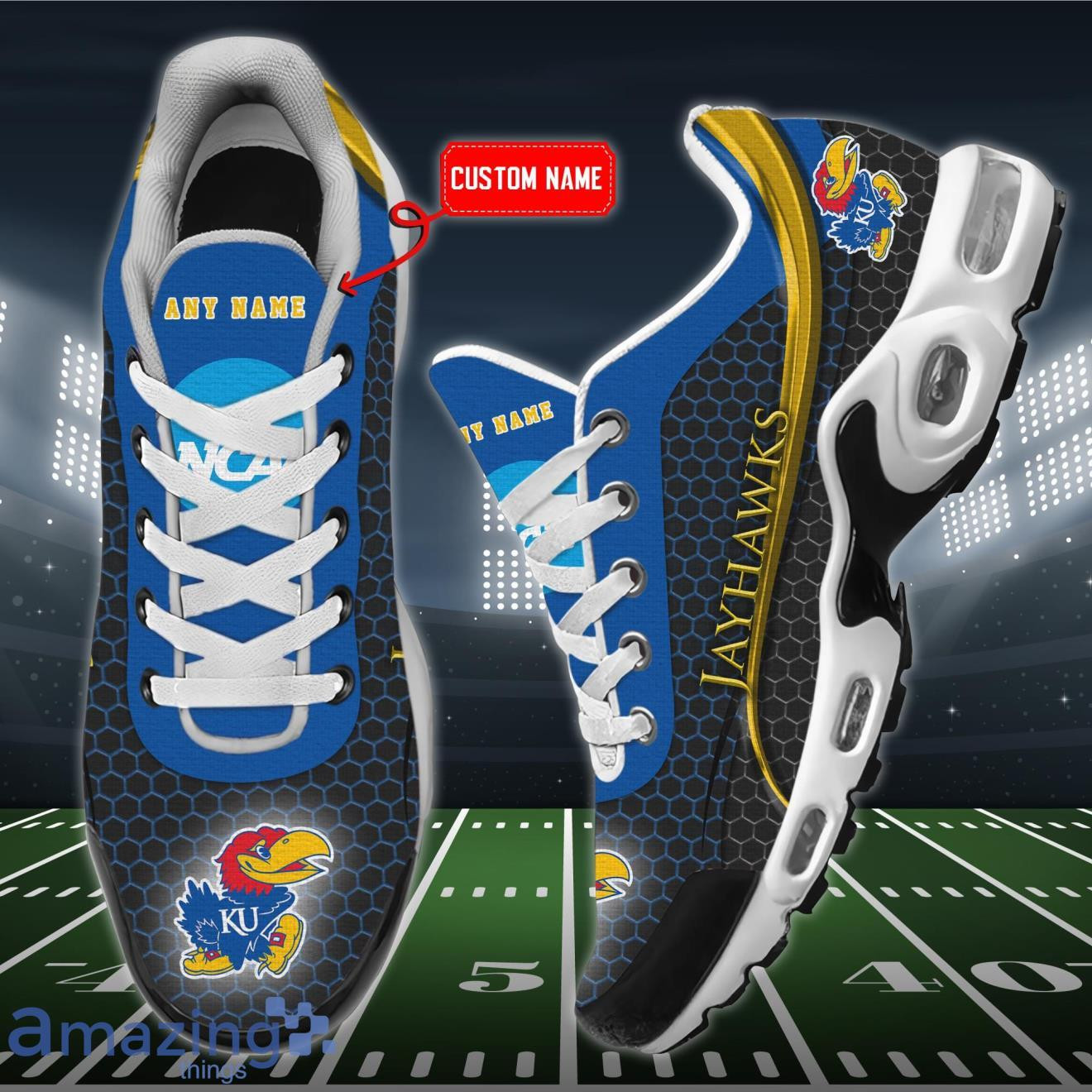 personalized kansas jayhawks team logo hexagon pattern team color tn air max shoes air cushion sneakers 3680