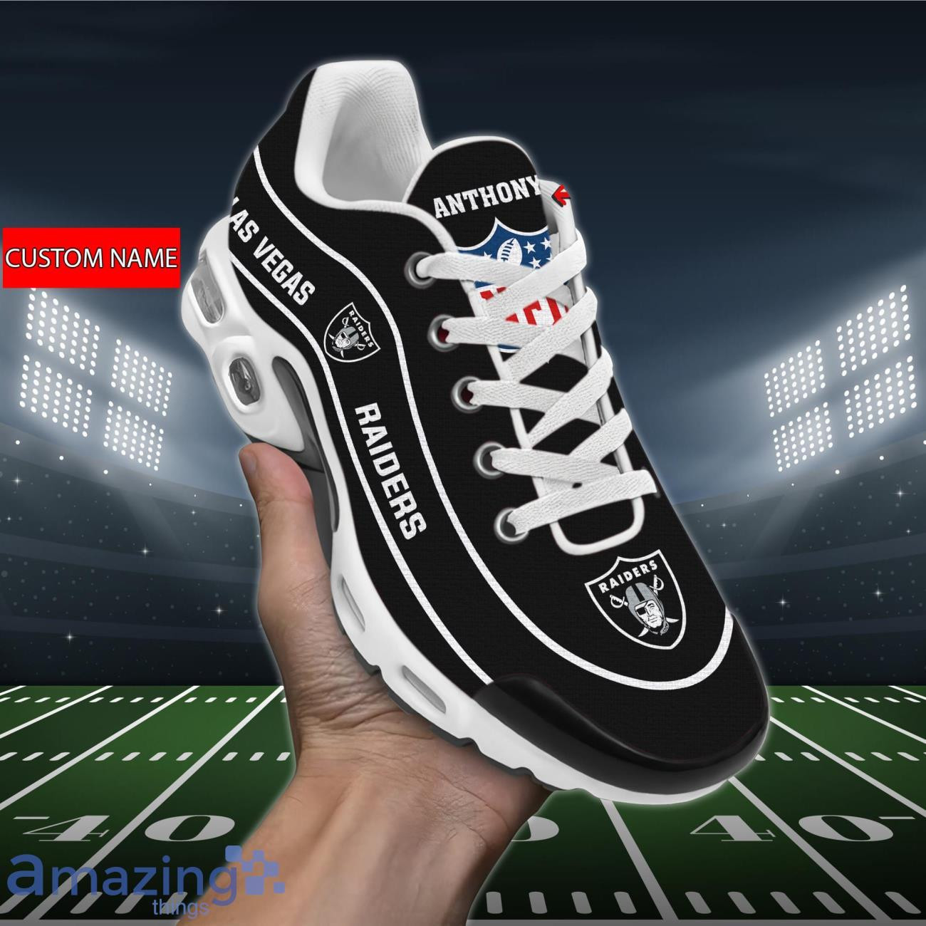 personalized las vegas raidersteam logo team name on black tn air max shoes air cushion sneakers 7268 cqj2k