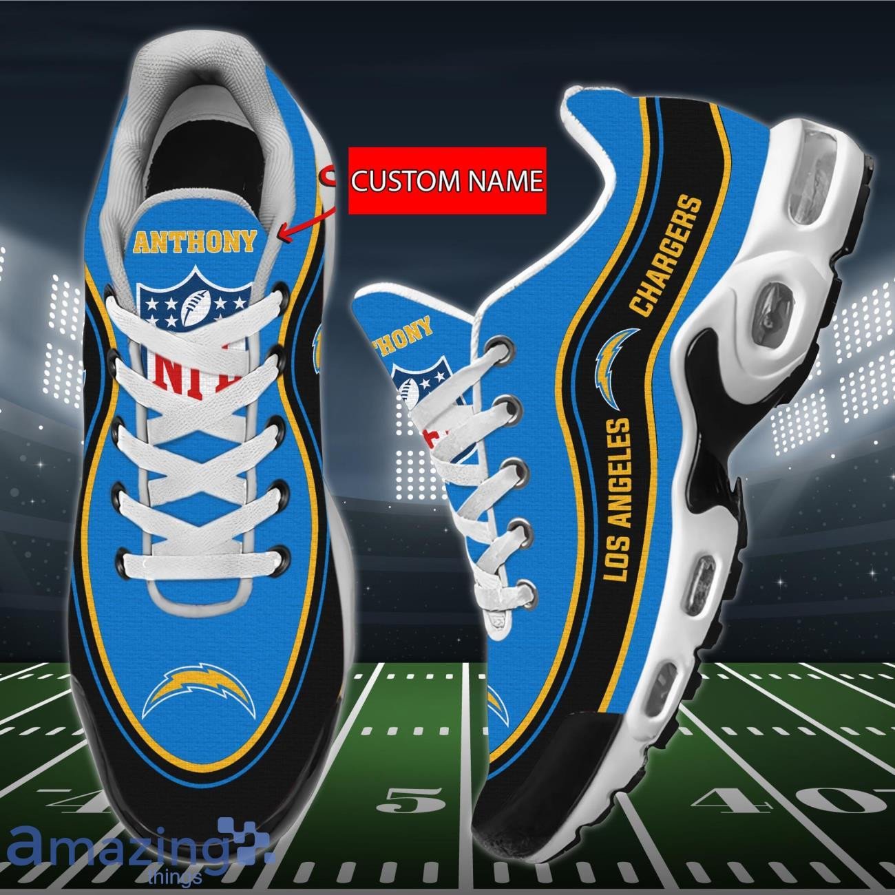 Personalized Los Angeles Chargers Team Logo Team Name On Black TN Air Max Shoes Air Cushion Sneakers