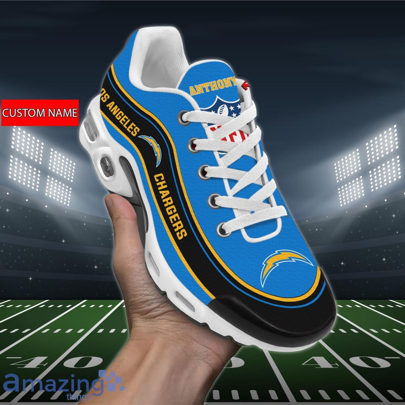 personalized los angeles chargersteam logo team name on black tn air max shoes air cushion sneakers 6213 bw44i