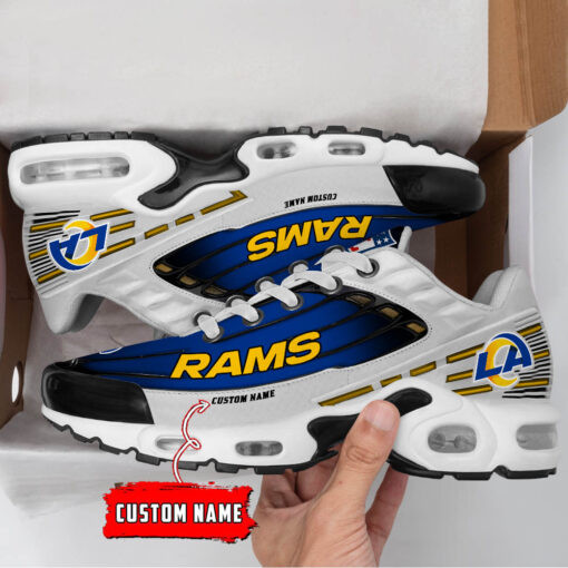 Personalized Los Angeles Rams Black And Team Color Stripes White TN Air Max Shoes Air Cushion Sneakers