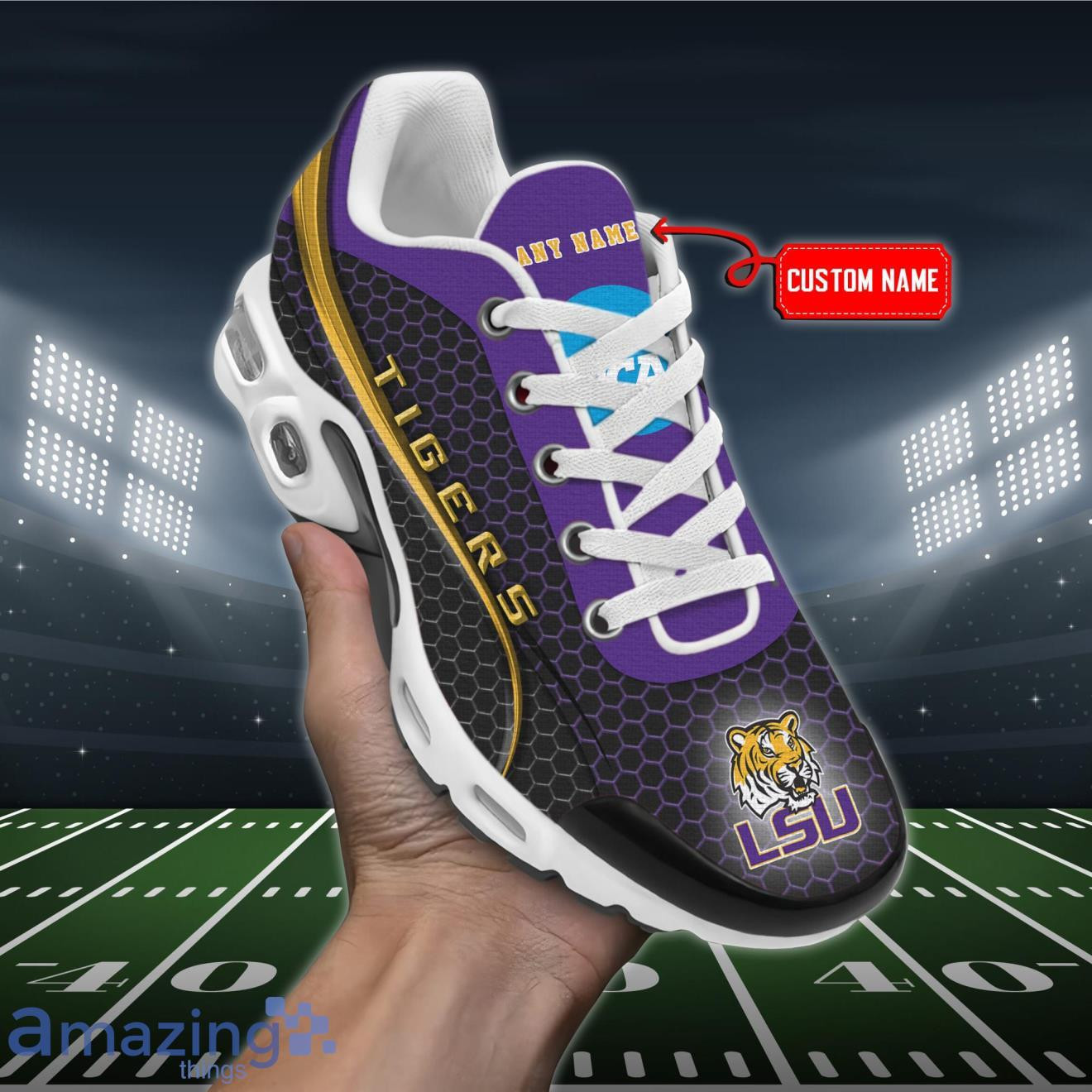 Personalized LSU Tigers Team Logo Hexagon Pattern Team Color TN Air Max Shoes Air Cushion Sneakers