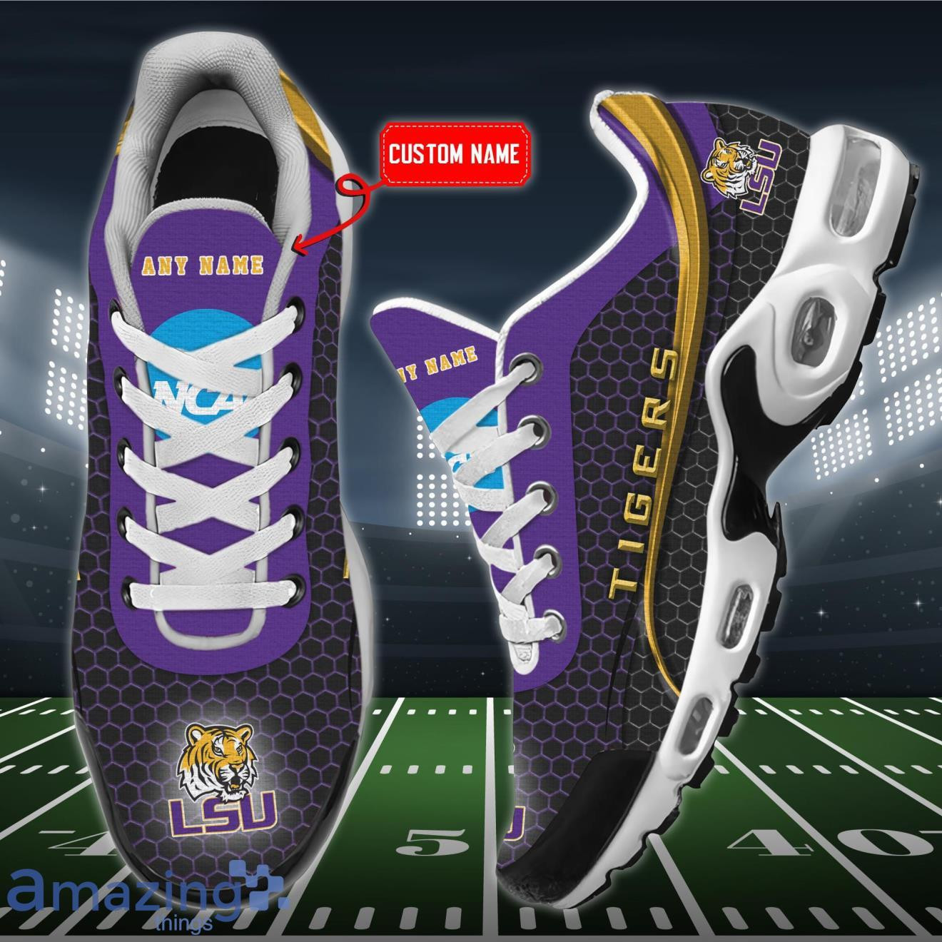 Personalized LSU Tigers Team Logo Hexagon Pattern Team Color TN Shoes Air Cushion Sneakers