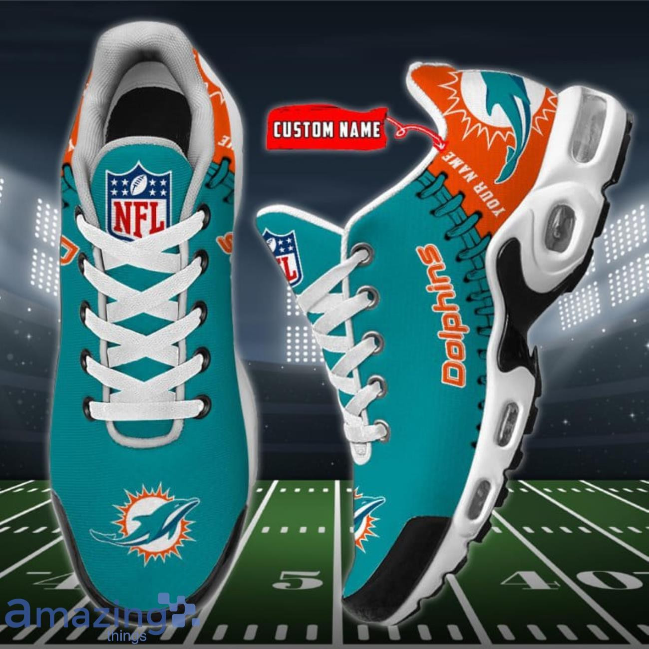 Personalized Miami Dolphins Team Logo Rugby Ball Pattern TN Air Max Shoes Air Cushion Sneakers