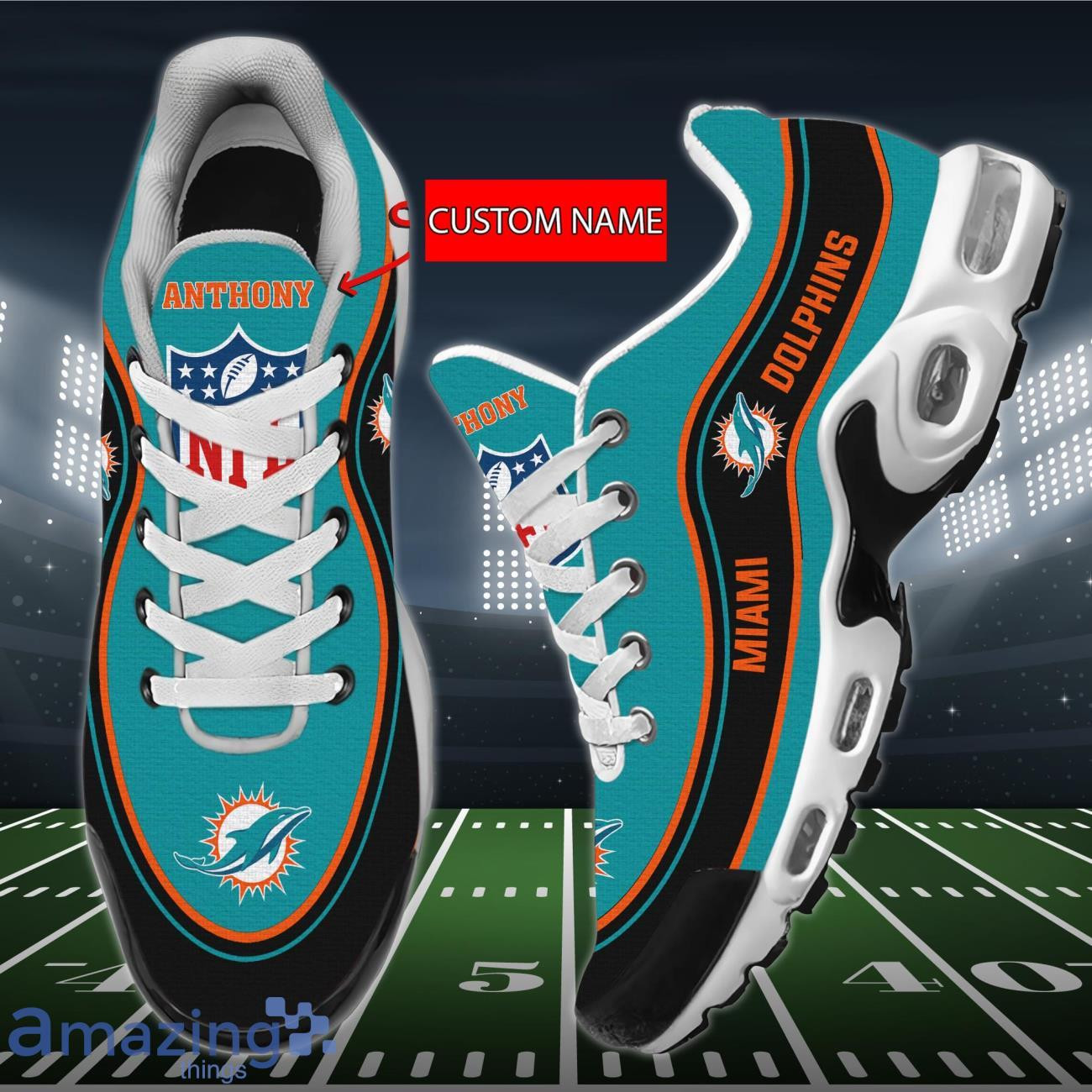 Personalized Miami Dolphins Team Logo Team Name On Black TN Air Max Shoes Air Cushion Sneakers