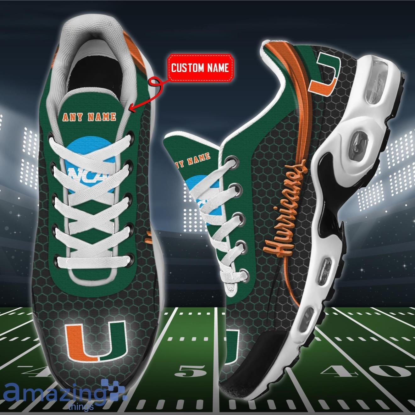 personalized miami hurricanes team logo hexagon pattern team color tn air max shoes air cushion sneakers 7833 uufoh