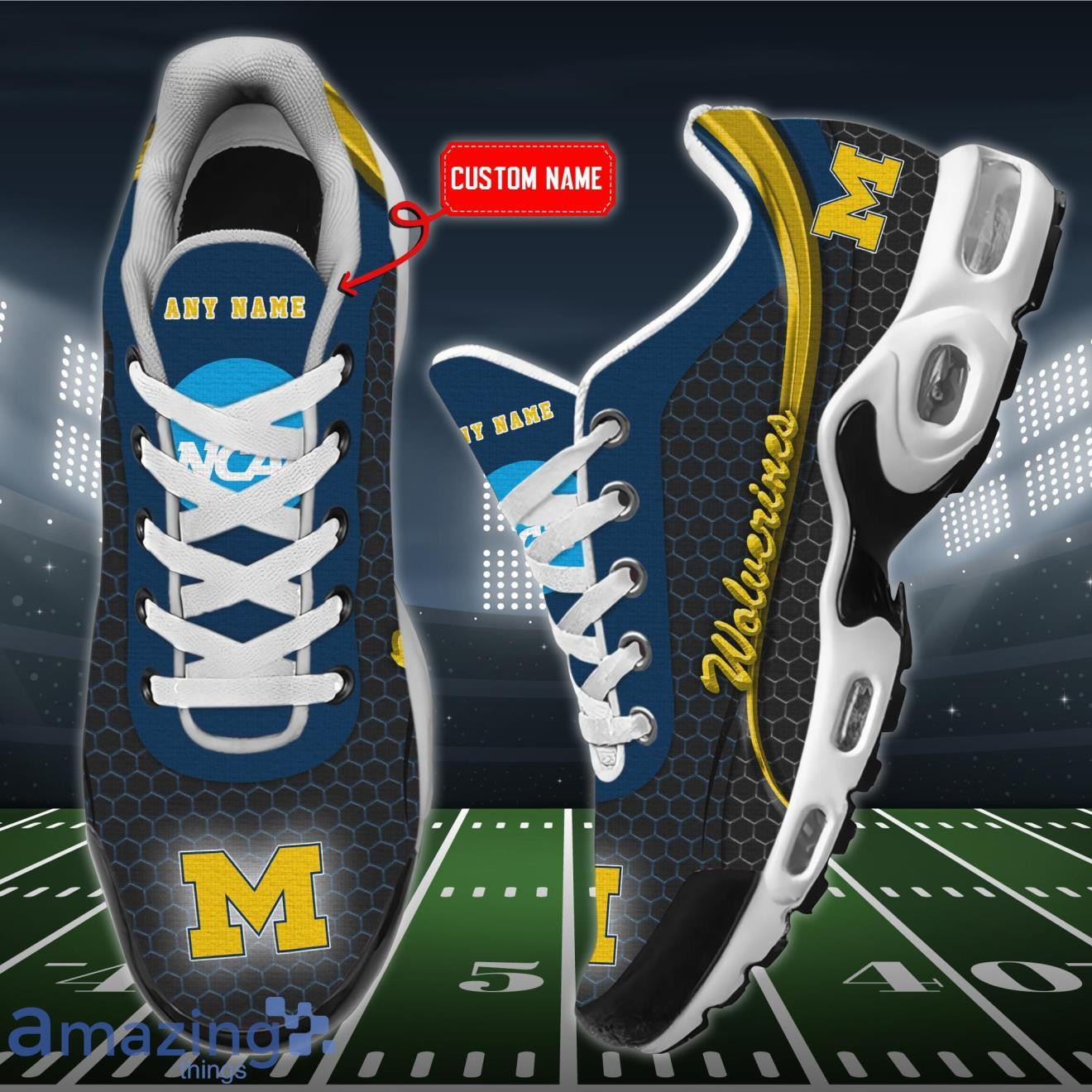 Personalized Michigan Wolverines Team Logo Hexagon Pattern Team Color TN Shoes Air Cushion Sneakers