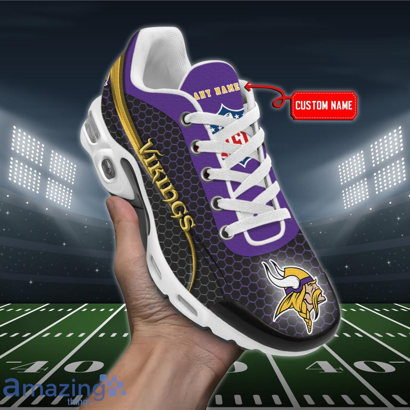 Personalized Minnesota VikingsTeam Logo Hexagon Pattern Team Color TN Air Max Shoes Air Cushion Sneakers