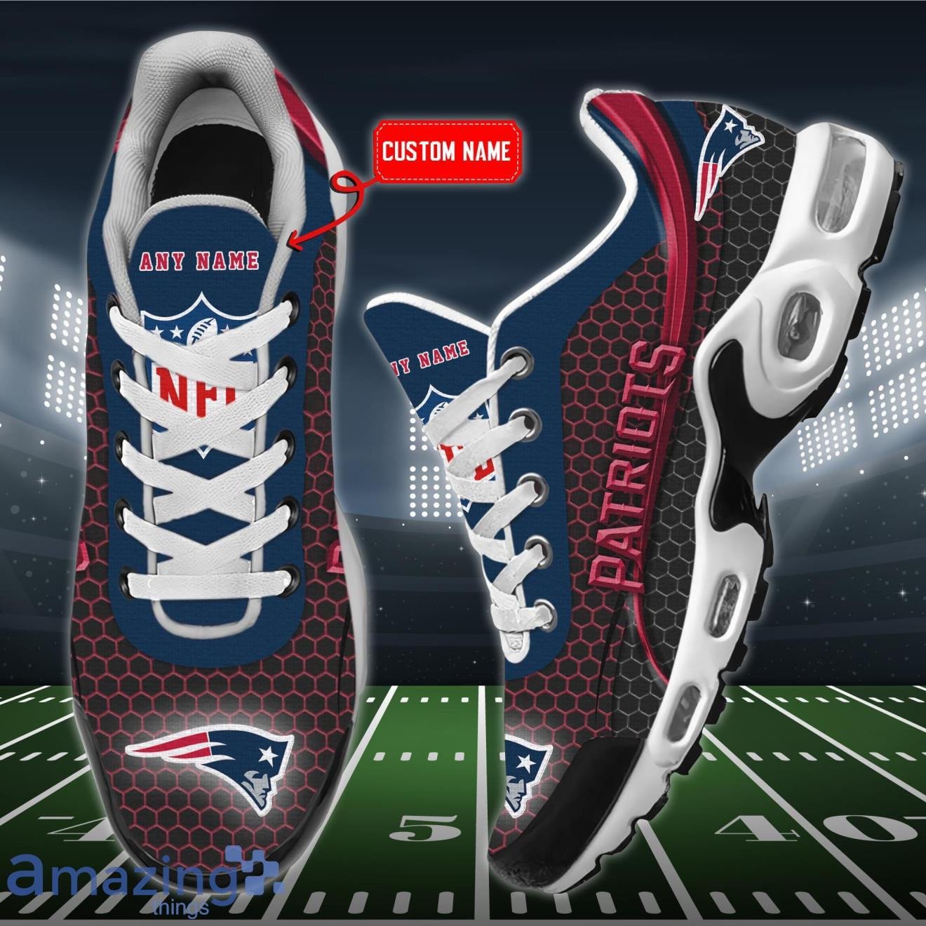 Personalized New England Patriots Team Logo Hexagon Pattern Team Color TN Air Max Shoes Air Cushion Sneakers
