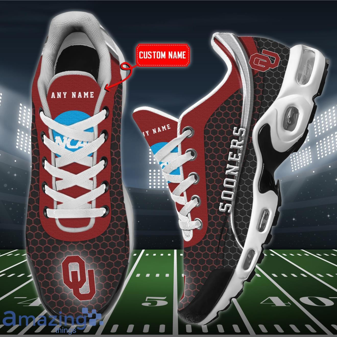 Personalized Oklahoma Sooners Team Logo Hexagon Pattern Team Color TN Air Max Shoes Air Cushion Sneakers