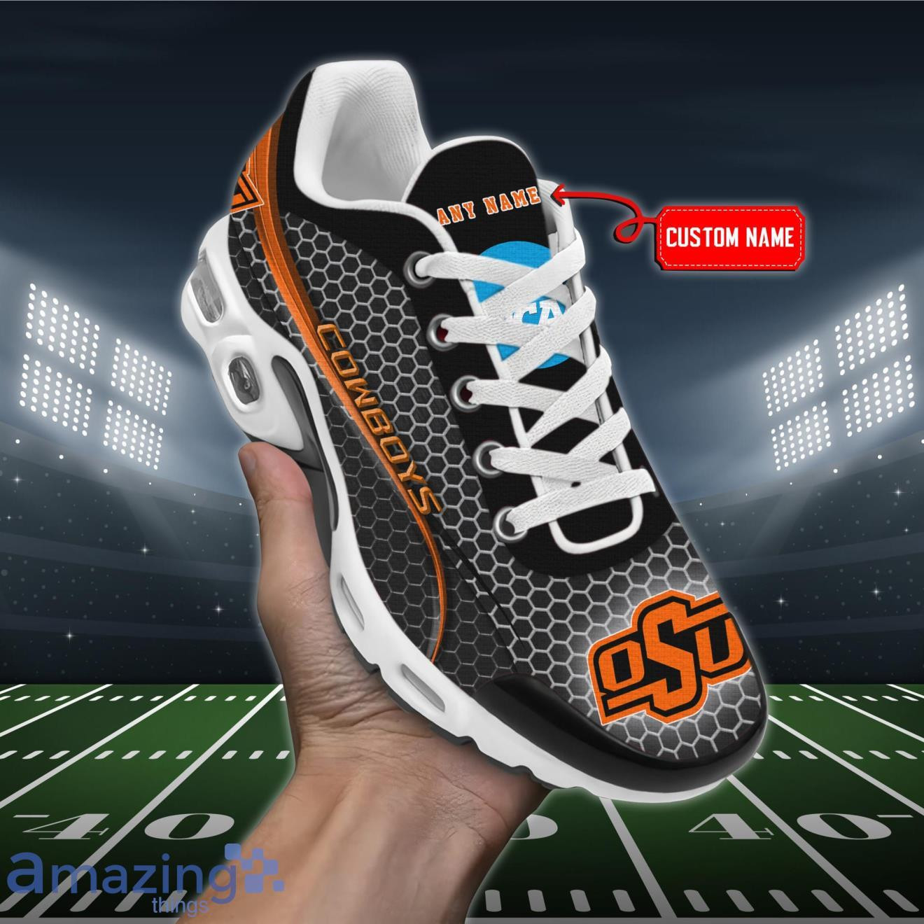 personalized oklahoma state cowboys team logo hexagon pattern team color tn air max shoes air cushion sneakers 4426