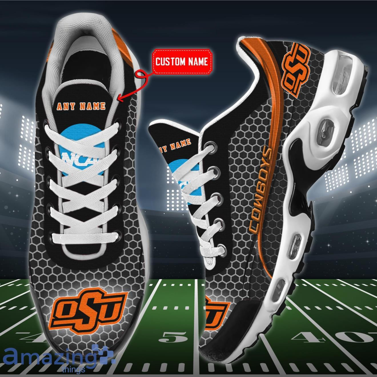 Personalized Oklahoma State Cowboys Team Logo Hexagon Pattern Team Color TN Air Max Shoes Air Cushion Sneakers