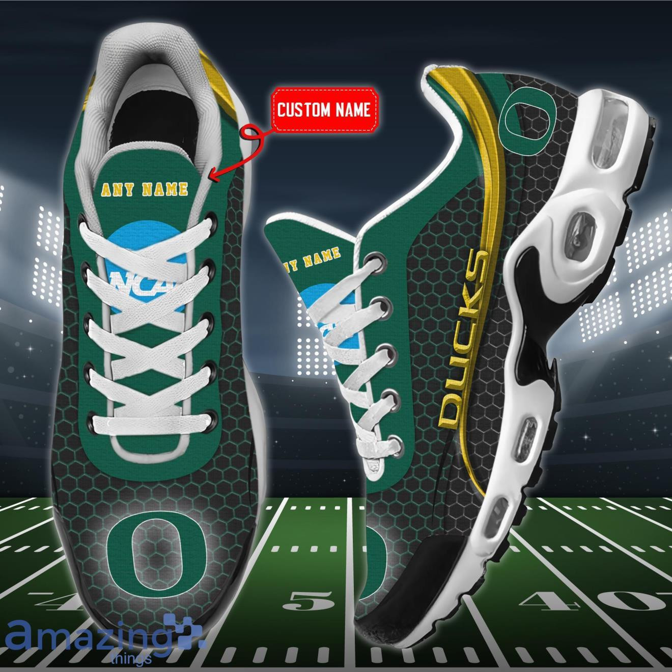 Personalized Oregon Ducks Team Logo Hexagon Pattern Team Color TN Shoes Air Cushion Sneakers