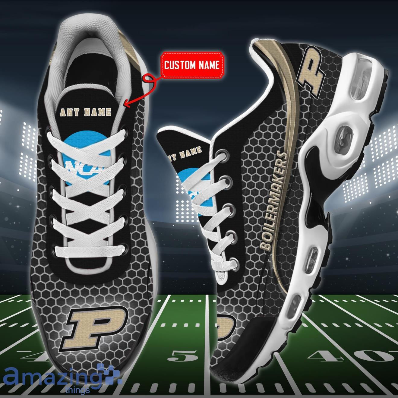 Personalized Purdue Boilermakers Team Logo Hexagon Pattern Team Color TN Air Max Shoes Air Cushion Sneakers