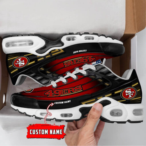 personalized san francisco 49ers black and team color stripes black tn shoes air cushion sneakers 2297 ecszl