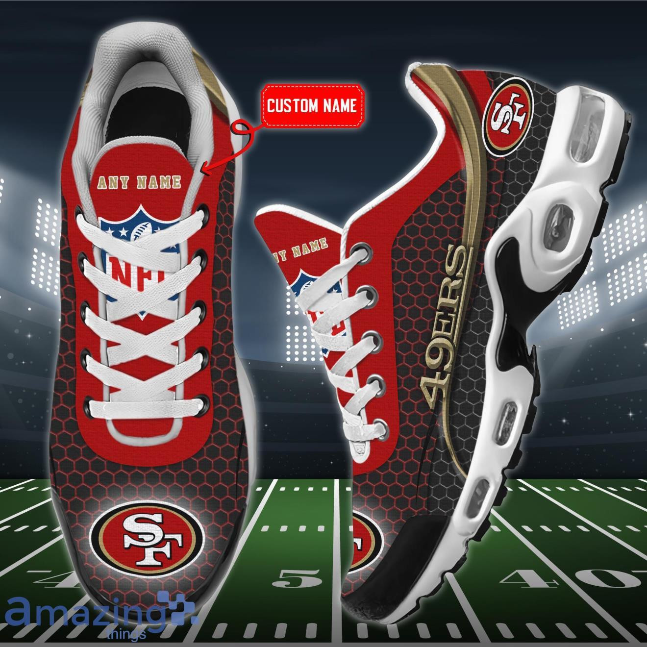 personalized san francisco 49ers team logo hexagon pattern team color tn air max shoes air cushion sneakers 3784 zt802