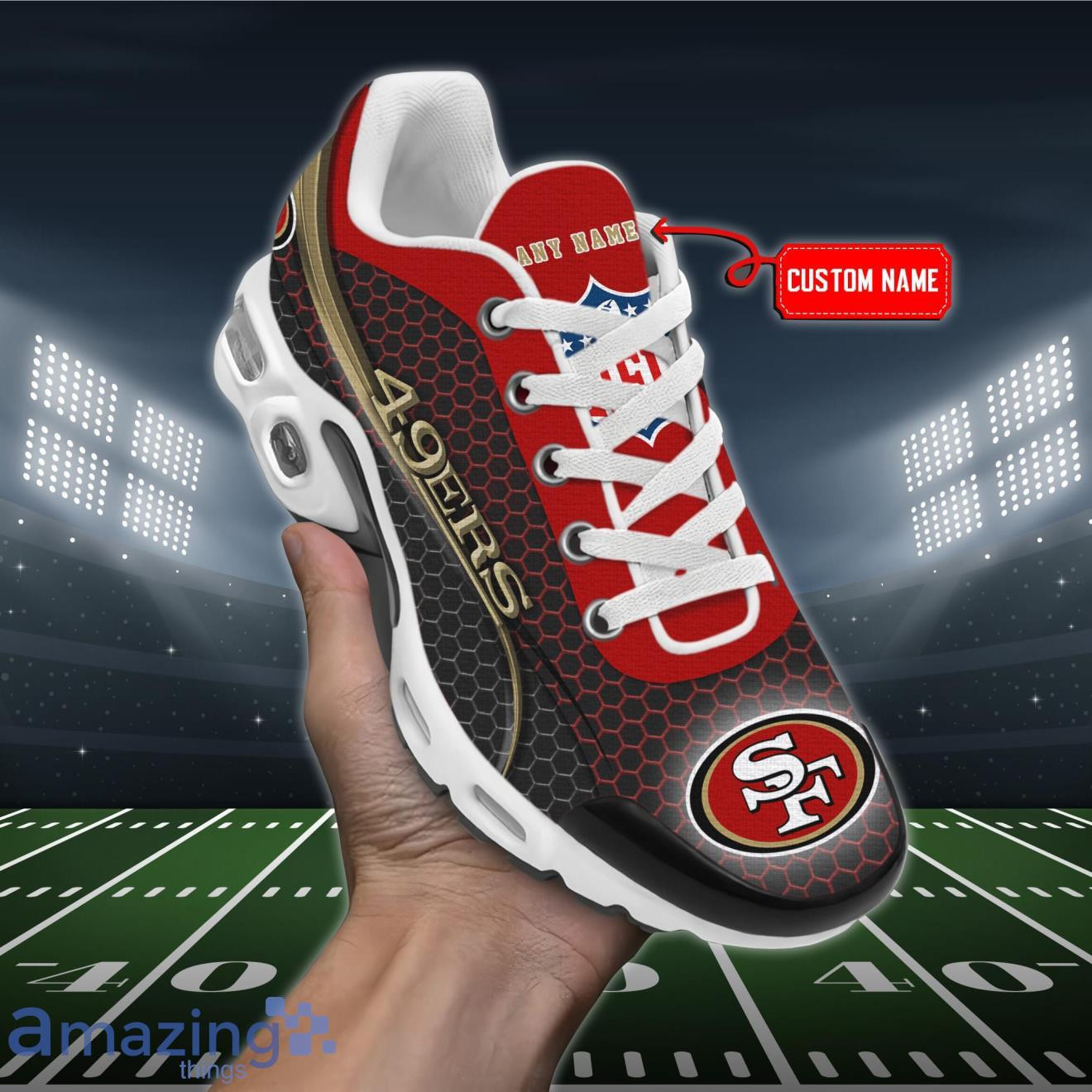 Personalized San Francisco 49ersTeam Logo Hexagon Pattern Team Color TN Air Max Shoes Air Cushion Sneakers