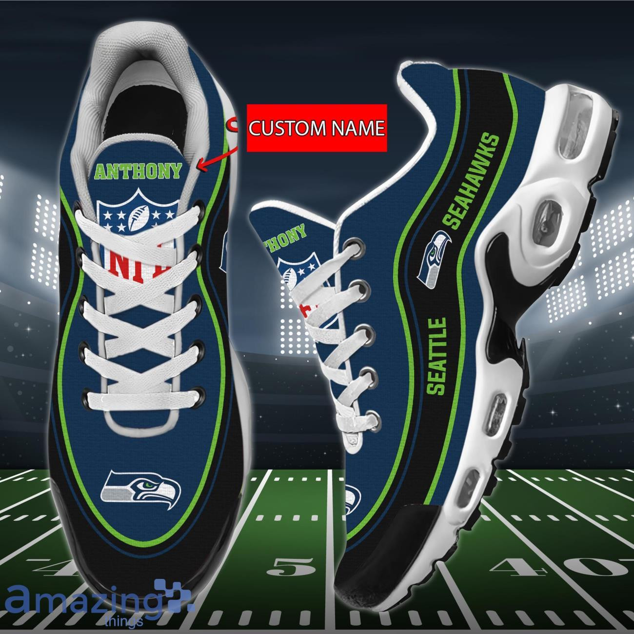 Personalized Seattle Seahawks Team Logo Team Name On Black TN Shoes Air Cushion Sneakers