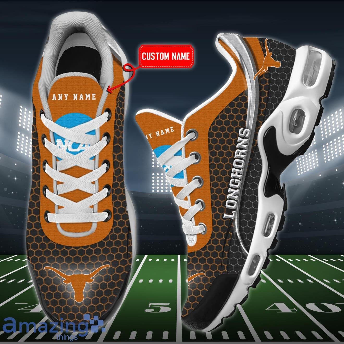 Personalized Texas Longhorns Team Logo Hexagon Pattern Team Color TN Air Max Shoes Air Cushion Sneakers