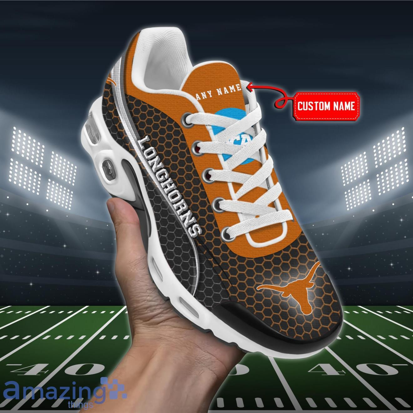 Personalized Texas Longhorns Team Logo Hexagon Pattern Team Color TN Air Max Shoes Air Cushion Sneakers