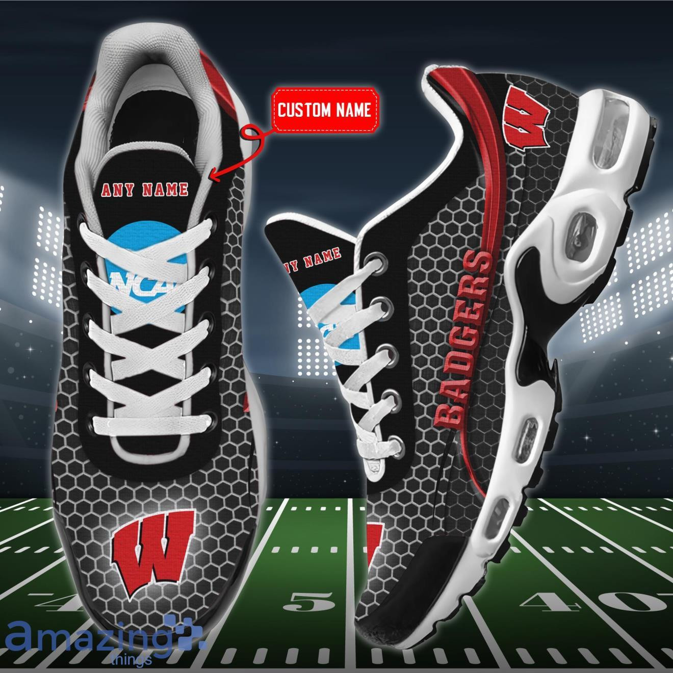 personalized wisconsin badgers team logo hexagon pattern team color tn air max shoes air cushion sneakers 5717 lifb9