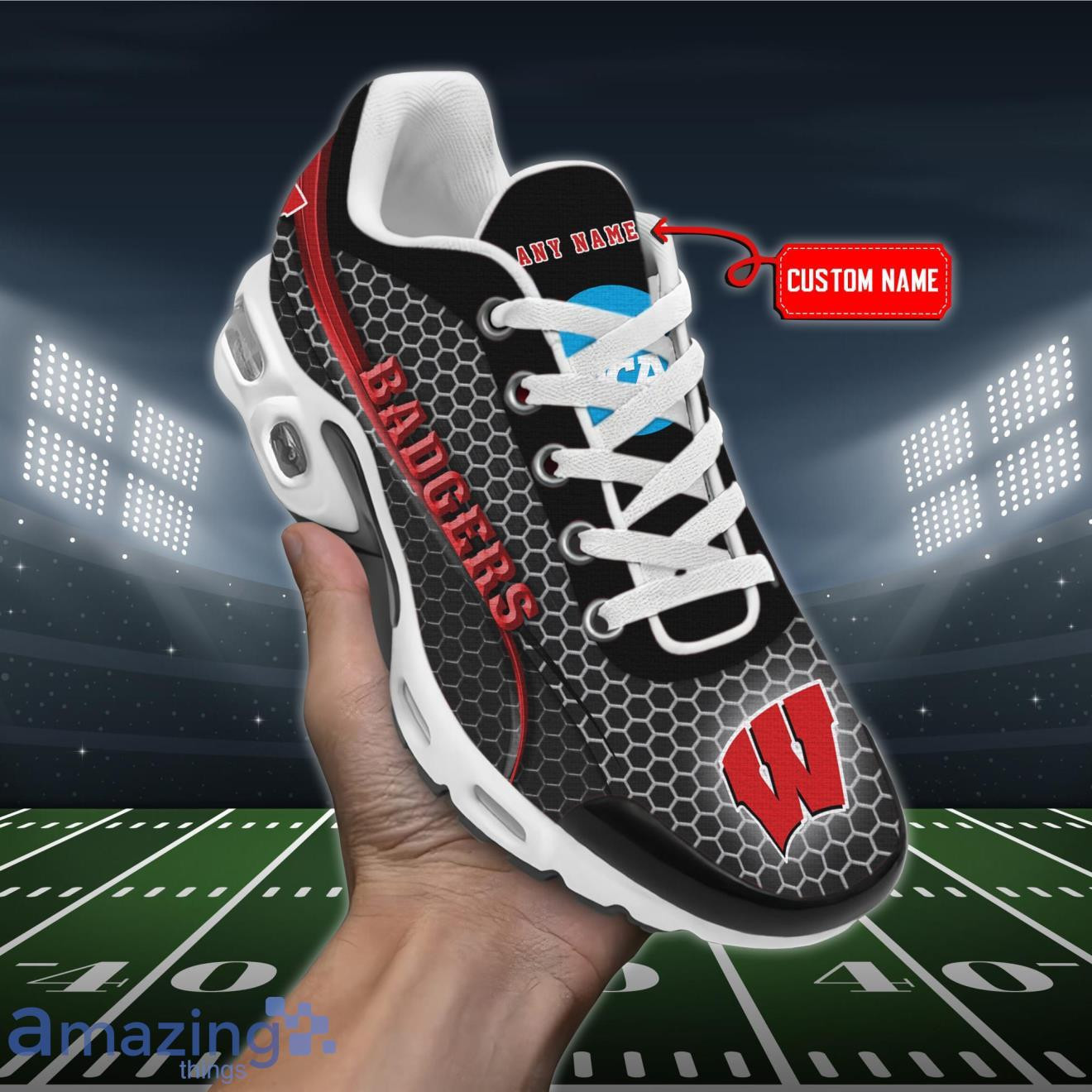 Personalized Wisconsin Badgers Team Logo Hexagon Pattern Team Color TN Air Max Shoes Air Cushion Sneakers