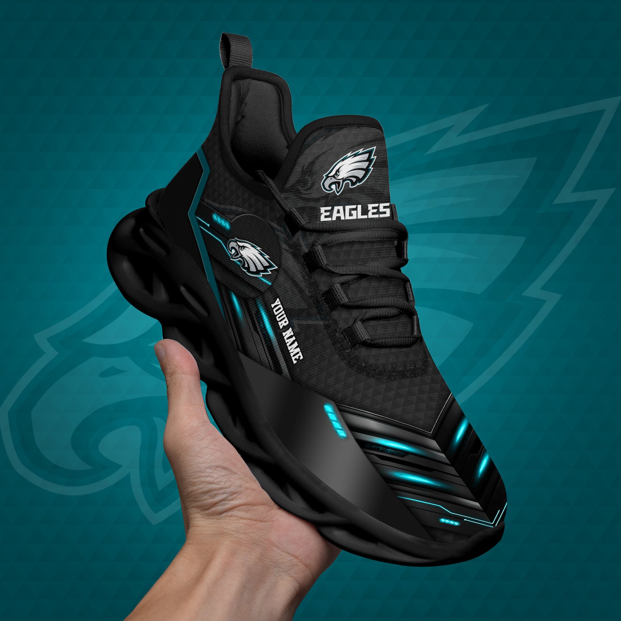 Philadelphia Eagles Black Clunky Sneaker Custom Name, Max Soul Shoes, Sport Gifts For Fan