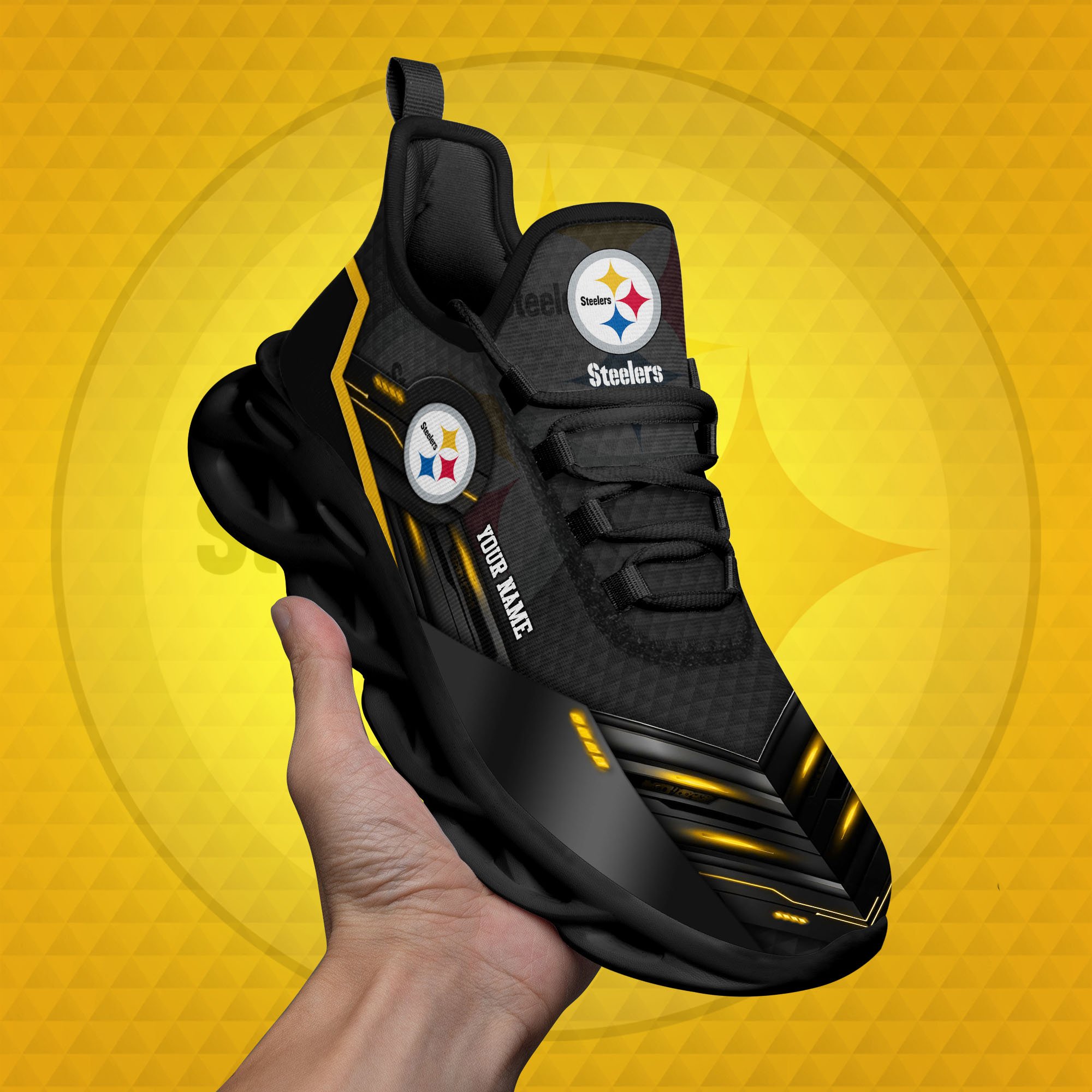 Pittsburgh Steelers Black Clunky Sneaker Custom Name, Max Soul Shoes, Sport Gifts For Fan
