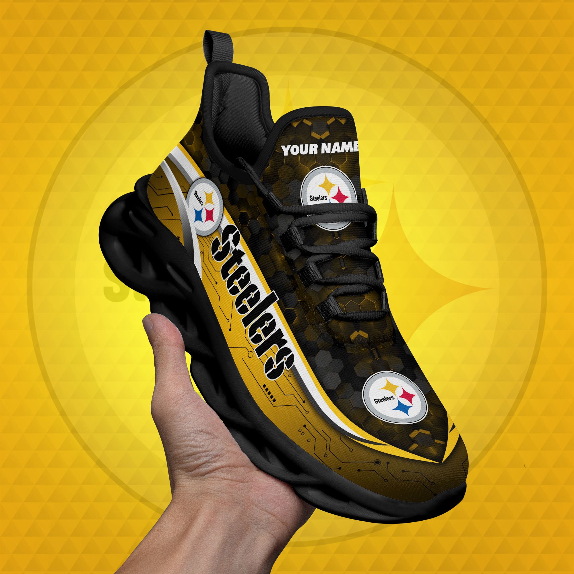 Pittsburgh Steelers Black Clunky Sneakers Custom Name, Max Soul Shoes, Sport Gifts