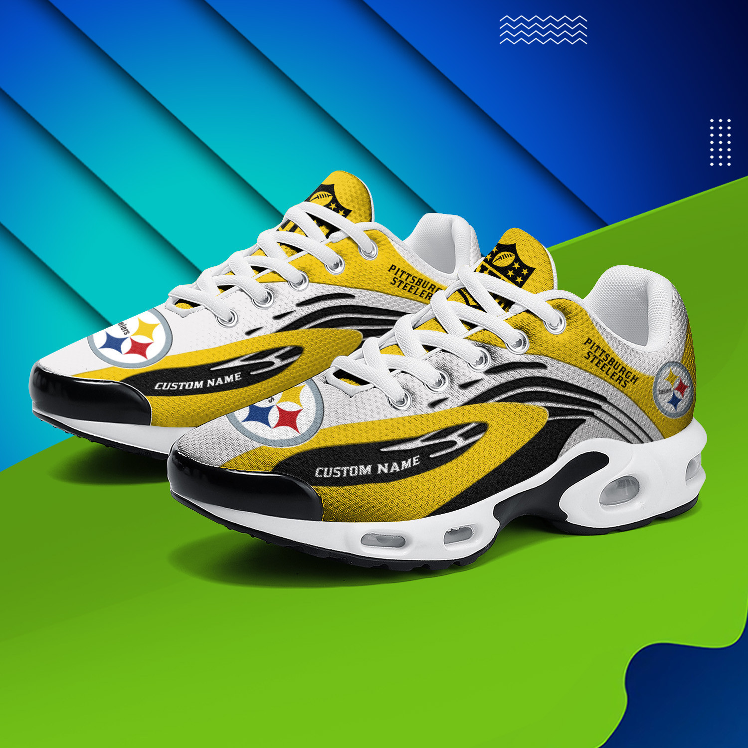 Pittsburgh Steelers Personalized Name Team Logo Mix Colors Wave Line TN Air Max Shoes Air Cushion Sneakers