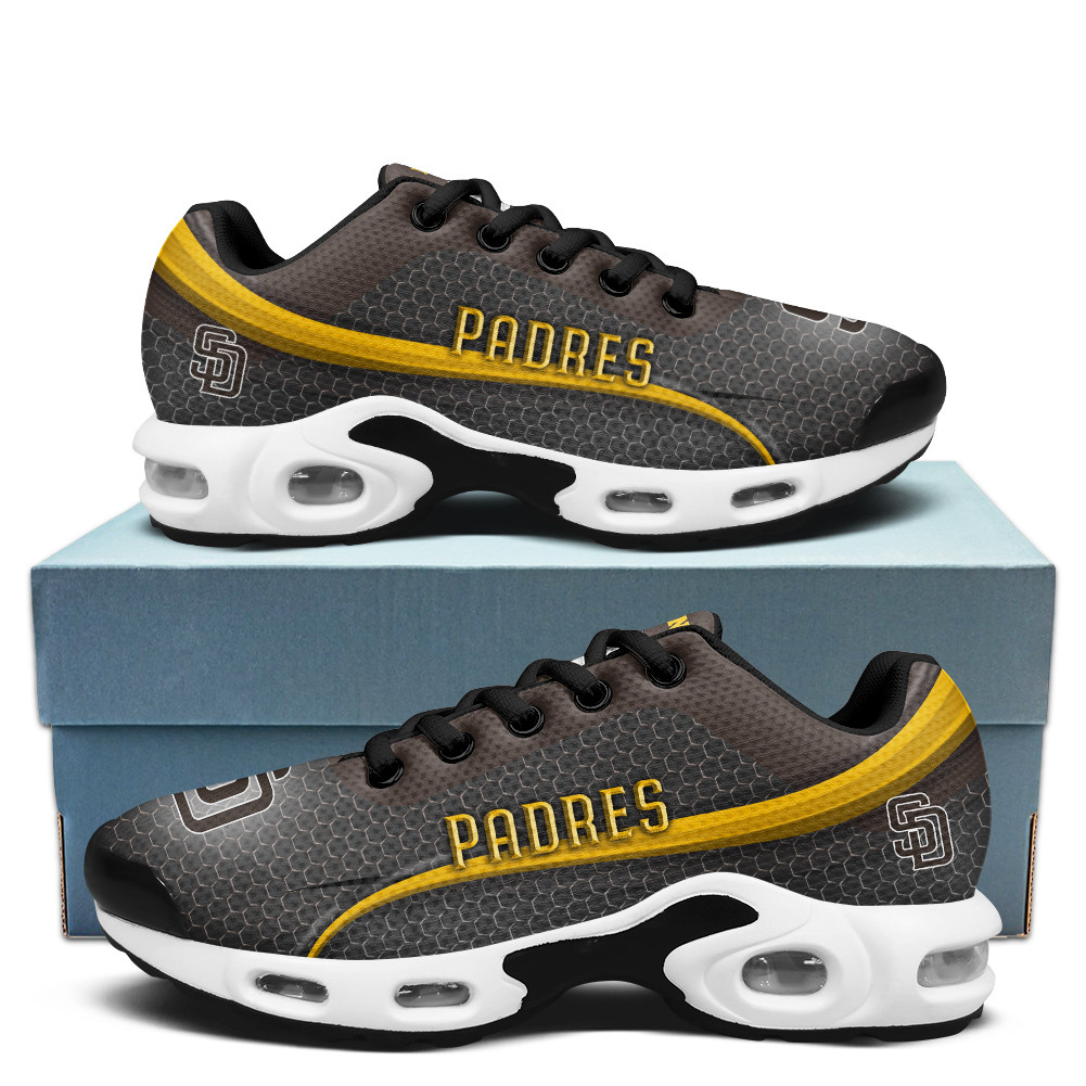 San Diego Padres Personalized Name Team Colors Wave Line Beehive Pattern TN Air Max Shoes Air Cushion Sneakers
