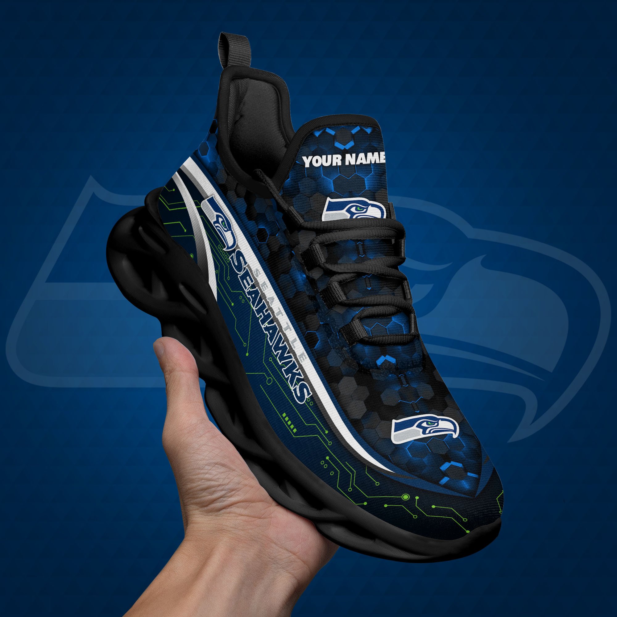 Seattle Seahawks Black Clunky Sneakers Custom Name, Max Soul Shoes, Sport Gifts