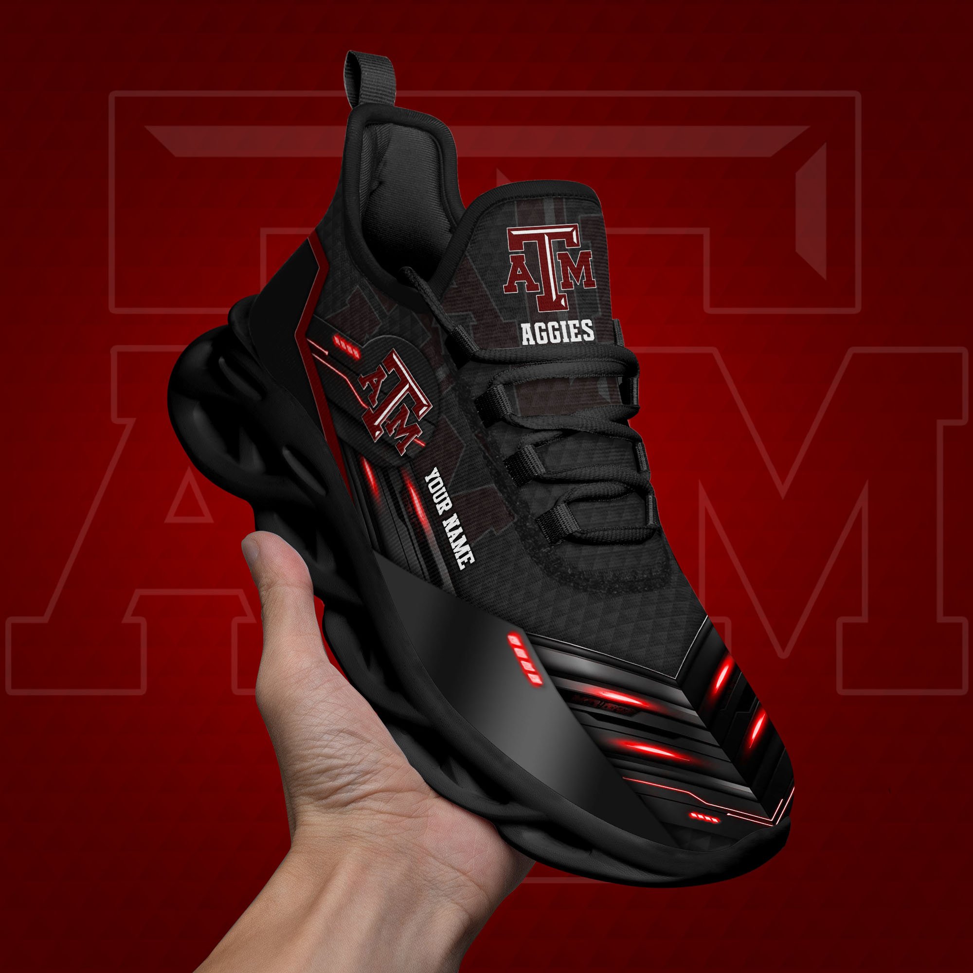 Texas A#038M Aggies Black Clunky Sneaker Custom Name, Max Soul Shoes, Sport Gifts For Fan