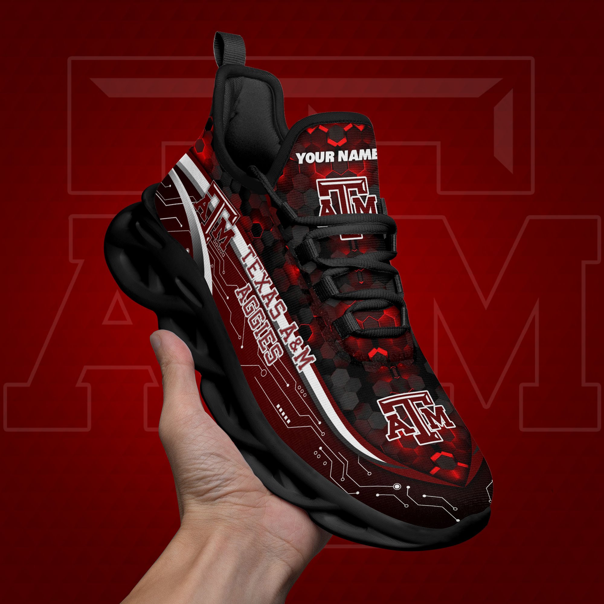 Texas A#038M Aggies Black Clunky Sneakers Custom Name, Max Soul Shoes, Sport Gifts
